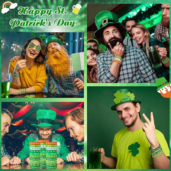 Wettarn 100 Pcs St. Patrick's Day Rubber Wristbands St. Patricks Day Silicone Bracelet Shamrock St Patricks Day Bracelets Green Rubber for St. Patrick's Day Party Favors Supplies School Gift Supplies