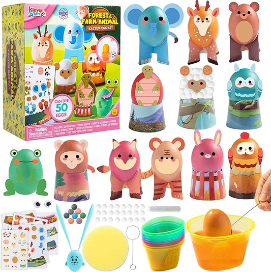 Klever Kits 53Pcs Easter Egg Decorating Kit, Easter Egg Dye Kit with Animal Decorated Papercuts, Face Stickers for Kids Easter Party Favor, Creativity Activity, Egg Hunt, Easter Party Decorations