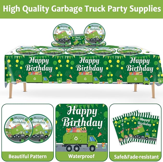 gisgfim Garbage Truck Birthday Party Supplies Trash Trucks Birthday Party Tableware Includes Party Plates Napkins Fork and Garbage Truck Theme Tablecloth for Birthday Parties Decorations Set Serve 20