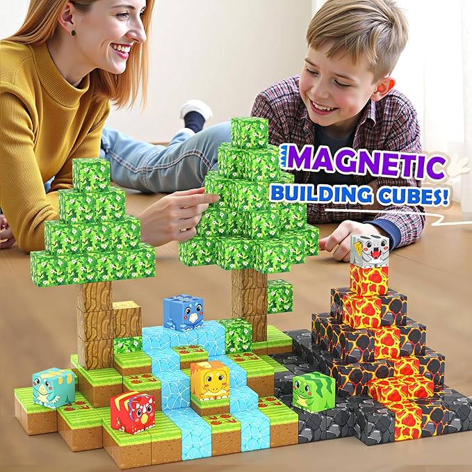 Magnetic Blocks Dinosaur Toys, Build Mine Magnet World Dinosaurs Set, Magnetic Tiles Building Toys for Boys & Girls Kids Ages 3-5 5-7, STEM Montessori Sensory Toys for Toddlers Gifts for 3+ Years Old