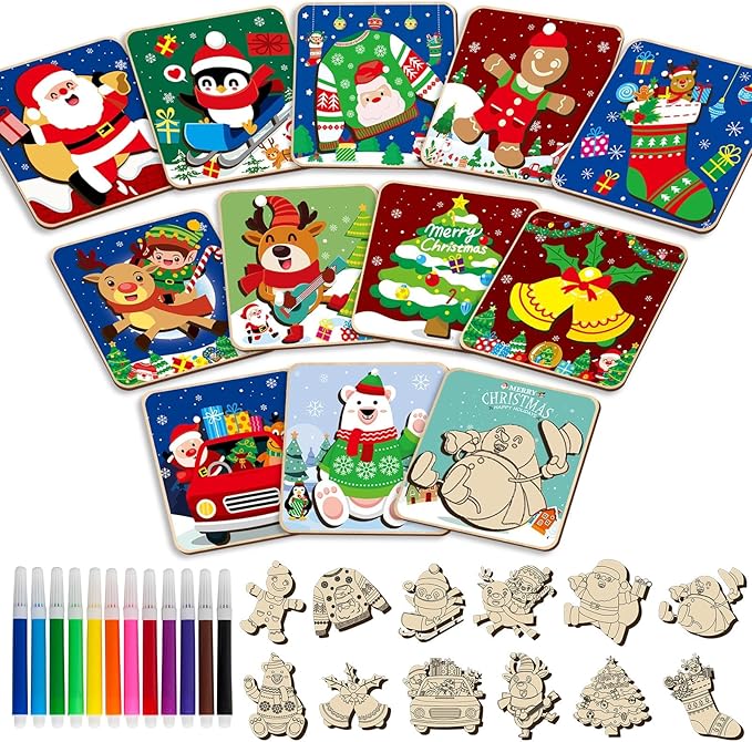 12 Pack Christmas Wooden Puzzles for Toddlers Christmas Puzzles Coloring Craft Kit for Kids Christmas Stocking Stuffers Crafts Toys Winter Xmas Party Favors Gifts Jigsaw Puzzle