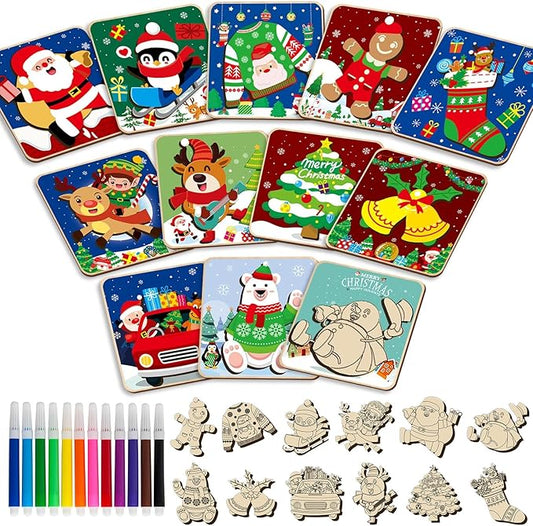 12 Pack Christmas Wooden Puzzles for Toddlers Christmas Puzzles Coloring Craft Kit for Kids Christmas Stocking Stuffers Crafts Toys Winter Xmas Party Favors Gifts Jigsaw Puzzle