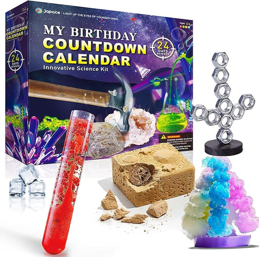 Japace My Birthday Countdown Calendar for Kids, Science Kit with 24 Days of Fun Experiments, A Unique Present for Birthday & Advent, Creative STEM Gift Ideas for Boys and Girls