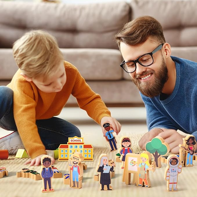 Blosssound 40 Pcs Wooden Community Helpers for Kids Little Occupations Figures Play Toys Wooden Blocks Multicultural Career Preschool Classroom Educational Supplies Birthday Gifts