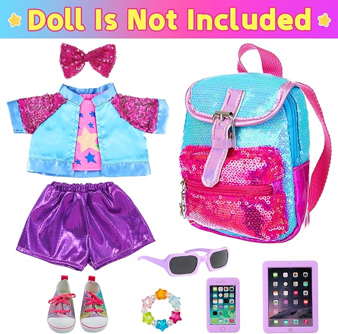 10 Pcs American 18 Inch Doll Accessories, 3-piece 18 Inch Doll Clothes Set with Doll Shoes, Hair Clip, Gradient Backpack, Bracelet, Sunglasses, Notebooks, Toy Tablet, Phone - Best Gift for Kids