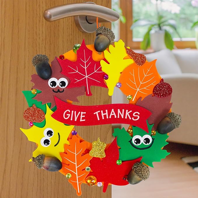 Winlyn 12 Sets Thanksgiving Wreath Signs Decorations Art Sets DIY Fall Thanksgiving Craft Kits Foam Sunflowers Maple Leaves Pumpkin Harvest Stickers for Kids Autumn Classroom Activities Party Favors