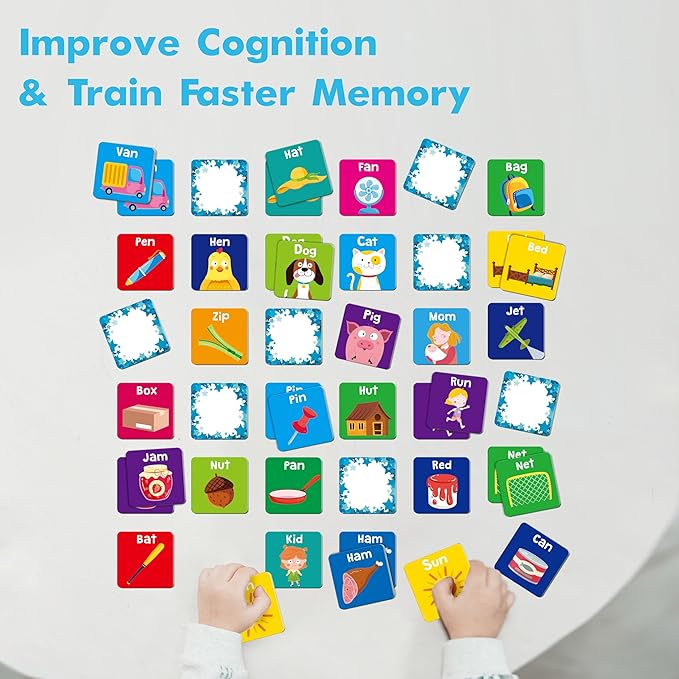 Hebayy CVC Word Matching Game, 72 PCS CVC Words Memory Matching Cards for Toddlers 36 Pairs Memory Cards Educational Toys for Preschool Boys & Girls 4 5 6 Years Old