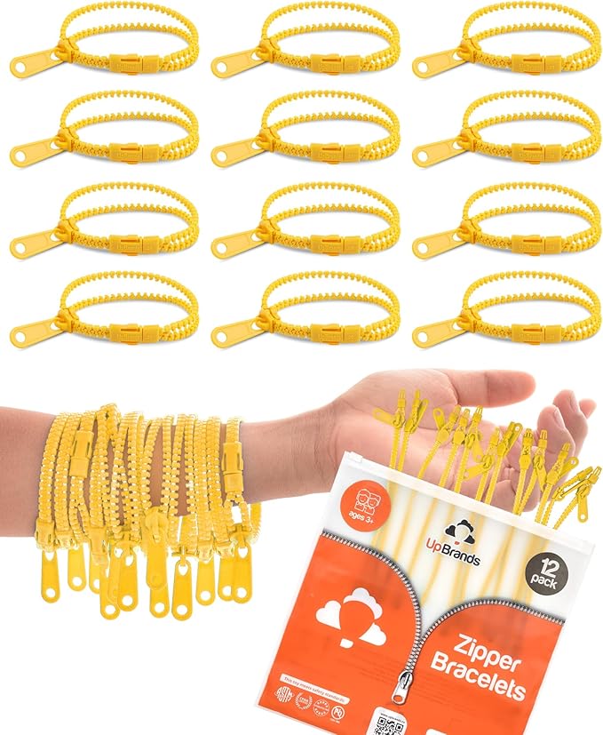 UpBrands 12-Pack Yellow 7-Inch Zipper Bracelets – Fidget Party Favors for Kids, Bulk Sensory Toys for Anxiety, and Stylish Accessories for Friendship and Kindness Celebrations