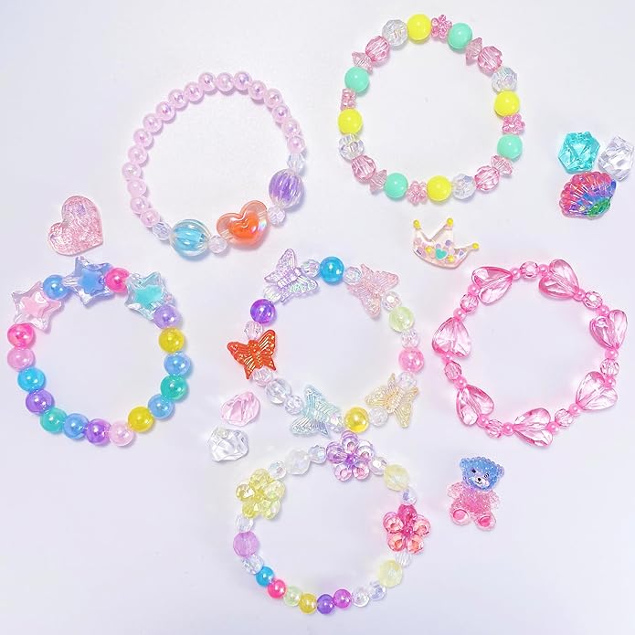 12 PCS Kids Bracelets for Girls Jewelry Little Girl Beaded Bracelets Flower Butterfly LOVE Letter Pink Princess Pretend Play Easter Christmas Birthday Gift