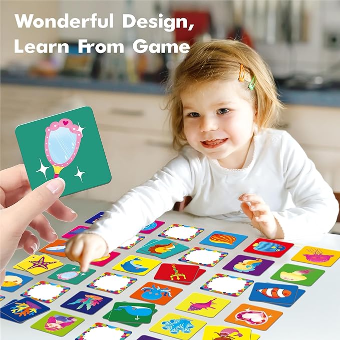 Hebayy 72 PCS Mermaid World Memory Matching Game, Marine World Matching Cards for Toddlers 36 Pairs Memory Cards Educational Toys for Preschool 4 5 6 Years Old