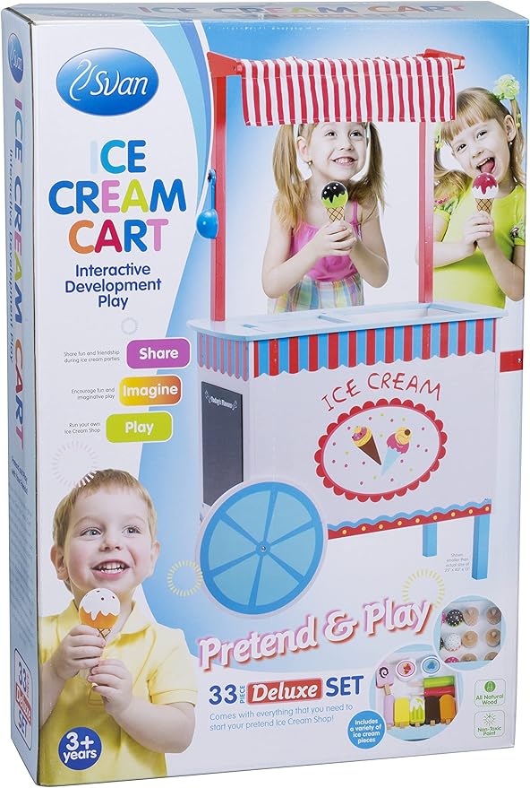 Ice Cream Cart Kids Pretend Play Stand- 33+ Pc Accessories, Realistic Premium Wooden Toy Activity Set, Money Box Chalkboard & Icecream Truck- Popsicles Cones Unique Flavors- Girls Boys Role Play Gift