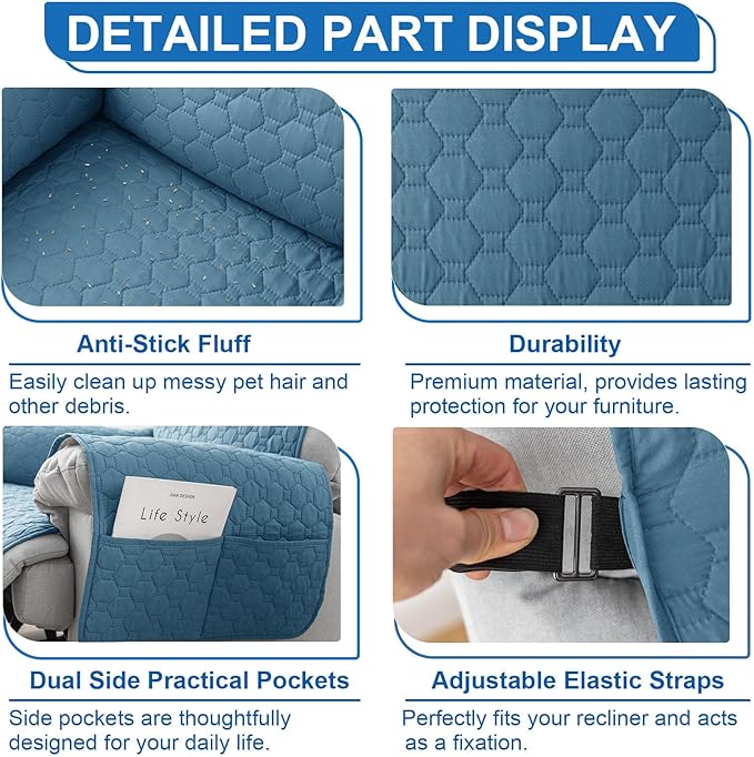 100% Waterproof Recliner Chair Covers, Anti-Slip Recliner Cover, Washable Recliner Slipcover with Pocket, Elastic Straps for Pets, Dogs, Gray Blue