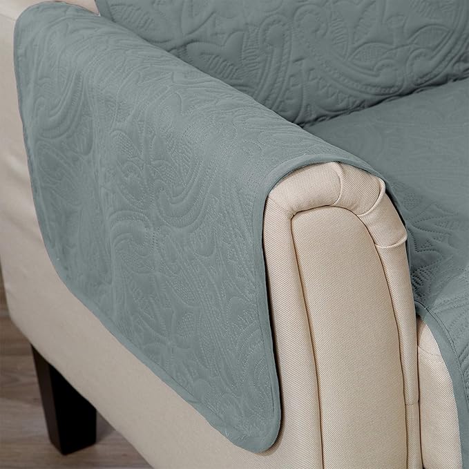 Medallion Stitched Solid Furniture Protector Stain Resistant Durable Furniture Protector Elenor Collection (Recliner, Mirage Gray/Flax)