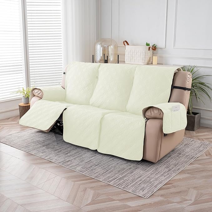 Easehomey Waterproof Recliner Sofa Cover,Non-Slip Reclining Sofa Covers for 3 Seat,Washable Reclining Sofa Cover Furniture Protector with Elastic Straps Pocket for Kids, Pets(Cream White,3Seat)