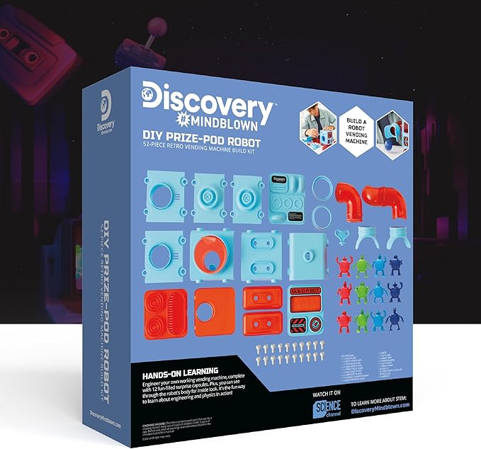Discovery™ #MINDBLOWN DIY Prize-Pod Robot Kit, 52-Piece Vending Machine Building Set, 12 Transforming Capsules, Educational Science Experiment, Engineering STEM Project, Robotics Toy Gift Kids Age 8+