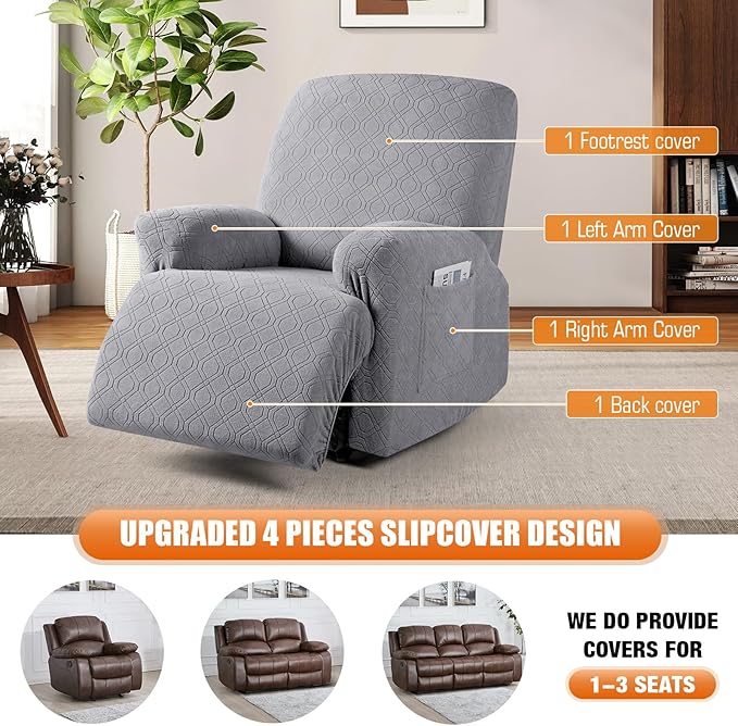 VANSOFY Oversized Recliner Chair Cover, 4-Pieces Stretch Recliner Covers for Recliner Chair Soft Reclining Chair Slipcover Jacquard Pattern Furniture Protector for Dogs Cats(Light Gray)