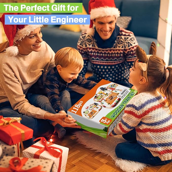 118Pcs Wooden Train Set for Kids & Toddlers, Wood Train Track Set Train Railway Accessories Toy Train Sets for Boys and Girls Gifts Ages 3+ 4 5 6 7 8 - Compatible with All Major Brands