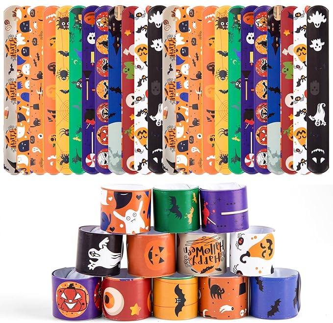 LovesTown Halloween Slap Bracelets, 48PCS Kids Slap Wristbands Snap Bracelets Ghost Jack o Lantern Bat Spider for Halloween Party Goodie Bag Fillers