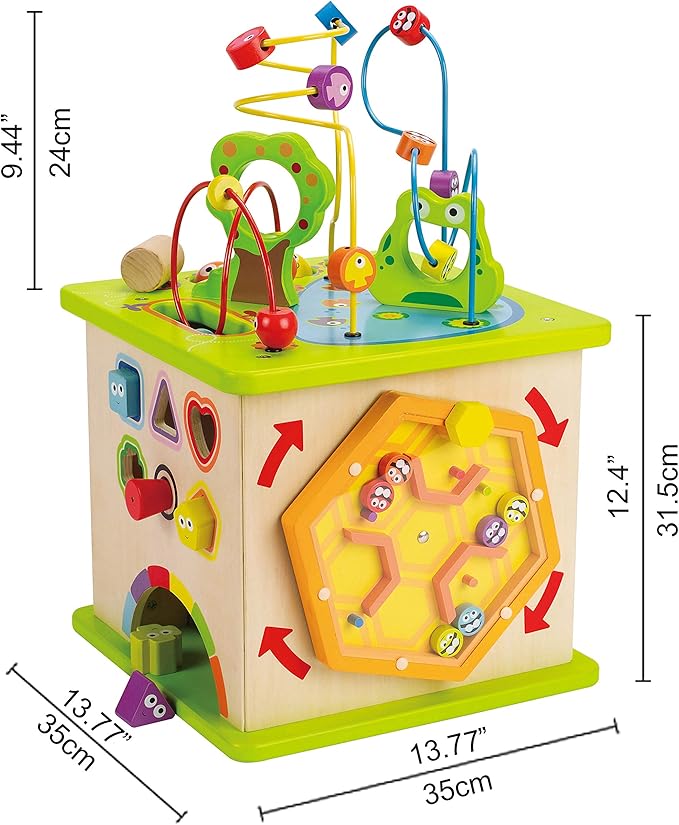 Hape Country Critters Play Cube| Wooden Learning Puzzle Toy for Toddlers, 5-Sided Activity Centre with Animal Friends, Shapes, Mazes, Wooden Balls, Shape Sorter Blocks and More