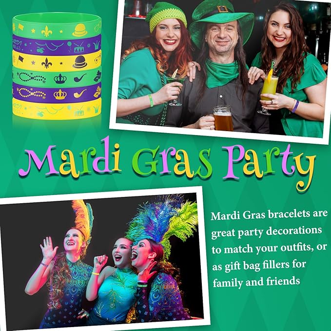 Yinkin 96 Pcs Mardi Gras Party Favors Rubber Bracelets Silicone Mardi Gras Bracelet Mardi Gras Accessories Bulk Stretchable Silicone Wristbands for Carnival Birthday Party Supply Decor Baby Shower