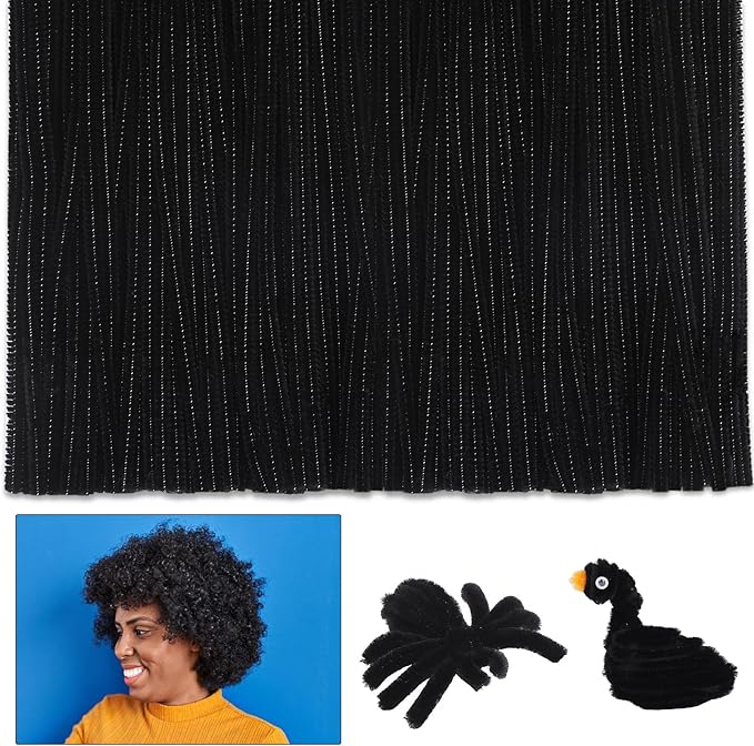 Zlulary 300 PCS Black Pipe Cleaners, Pipe Cleaners for Hair, Pipe Cleaner Crafts Fluff Fuzzy Stick Pipe Cleaners Bulk for Wig Weaving DIY Halloween Decorations
