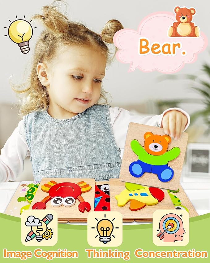 Bekayshad Wooden Puzzles Toddler Toys Gifts for 1 2 3 Year Old Boys Girls, 12 Pack Animal Jigsaw Puzzles Montessori Toys, Learning Educational Christmas Birthday Gifts for Girls Boys Ages 1-3