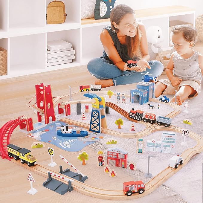 Giant bean 117 Pcs Busy Port City Train Set for Kids- Expandable & Changeable Wooden Train Track Set Toddler Toy, for Boys & Girls Ages 3+