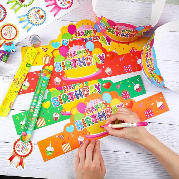 Yunsailing 108 Pcs Happy Birthday Party Supplies for Kids Include 36 Birthday Paper Crowns 36 Birthday Badge Stickers 36 Happy Birthday Slap Bracelets for Classroom School Party Supply(Bright Color)