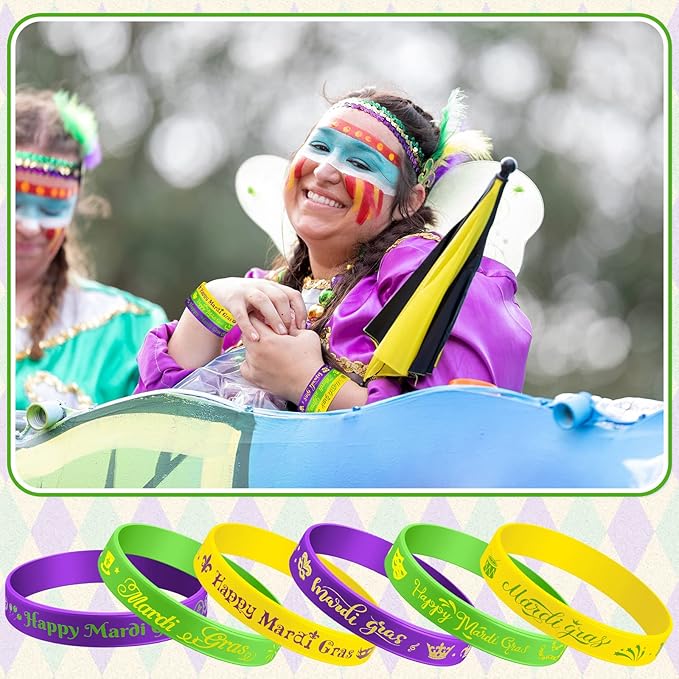 Yilloog Mardi Gras Silicone Bracelets Mardi Gras Parade Throws Bulk Party Favors Rubber Bracelets Party Supplies Decorations Goodie Bag Stuffers Fillers Silicone Wristbands(120 Pcs)