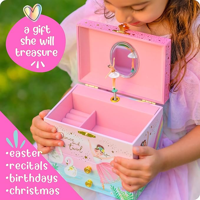 Musical Ballerina Jewelry Box for Girls - Kids Music Box with Spinning Ballerina, Ballet Birthday Gifts for Little Girls, Jewelry Boxes, 6.8 x 5.3 x 6 in - Ages 3-10, Pink