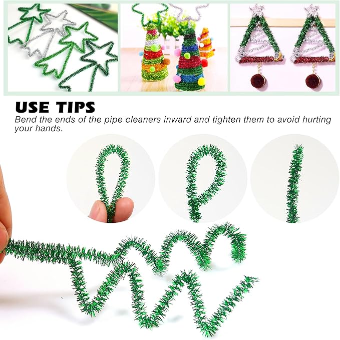 TOAOB 100pcs Christmas Glitter Pipe Cleaners Green Metallic Pipe Cleaners Craft Supplies 6mm x 12 Inch Chenille Stems Pipe Cleaners for Art DIY Crafts Decorations