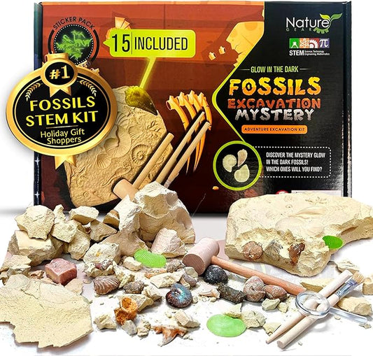 Nature Gear Dino Fossil Dig Kit for Kids, Educational Excavation Kit with 15 Glow in The Dark Mystery Fossils, Interactive Dinosaur Science Kits for Kids Age 3-5 and Up, Excavation Adventure Kit