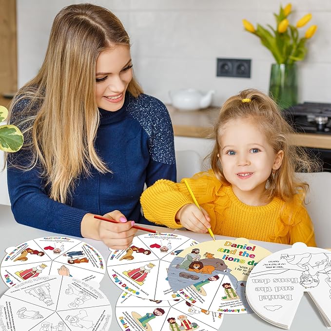 COcnny Christian Lion Coloring Craft - 24 Sets Daniel and The Lions Den Craft for Kids, Color Your Own Religious Wheel Cards Art Activities, Bible Jesus Biblical Game for Sunday School Classroom Home
