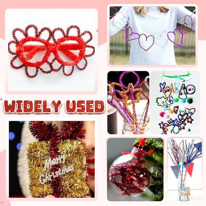 TOAOB 100pcs Christmas Glitter Pipe Cleaners Red Metallic Pipe Cleaners Craft Supplies 6mm x 12 Inch Chenille Stems Pipe Cleaners for Art DIY Crafts Decorations
