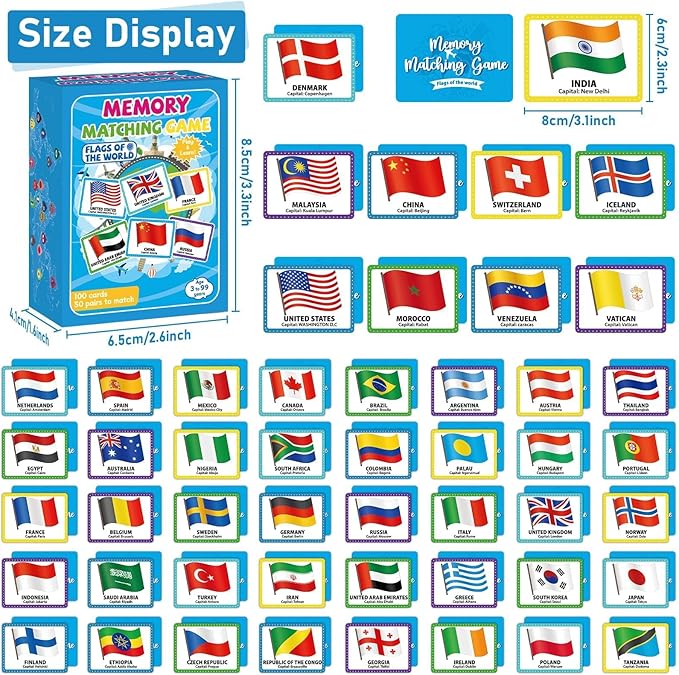 gisgfim 50 Pairs Memory Matching Game Flags of The World Concentration Memory Matching Games for Kids and Adults Learning Educational A Fun & Fast Countries of The World Memory Matching Games