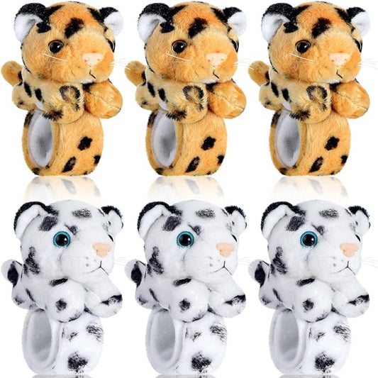 Sosation 6 Pcs Stuffed Animal Slap Bracelets for Kids Hug Slap Bracelet Bulk Tiger Leopard Stuffed Animal Plush Kids Toy for Halloween Birthday Gifts Party Favors(Leopard Style)