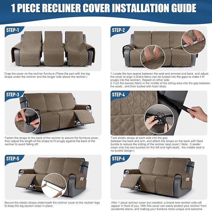 TAOCOCO 100% Waterproof Recliner Covers, Recliner Sofa Covers with Leg Straps, Reversible Recliner Couch Cover for Reclining Chair, Washable Couch Protector for Pets Kids(3 Seater, Khaki)