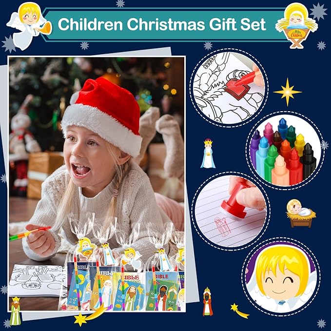 Zhanmai 108 Pcs Christmas Party Favors Bible Coloring Book with Stacking Crayons for Kids Squishes Christmas Toys DIY Sticker Stampers Goodie Bag Fillers Supplies School Educational Reward Prizes