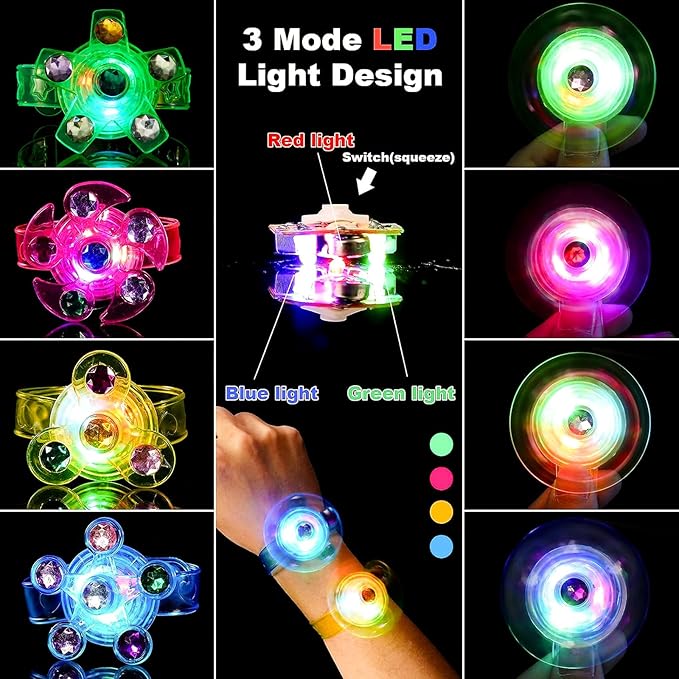 SCIONE 8 Pack LED Light Up Fidget Spinner Bracelets, Glow in The Dark Party Supplies Halloween Party Favors for Kids 4-8 8-12, Birthday Goodie Bags Stuffers, Treasure Box Toys for Classroom