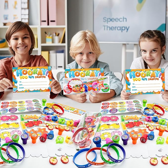108 Pcs 100 Days of School Awards Set Teacher Favor Gift Kit Include 100th day of school Pencils Bracelets Stickers Certificate Stamp Button Pins for Happy 100 Days of School Party Favors Supplies