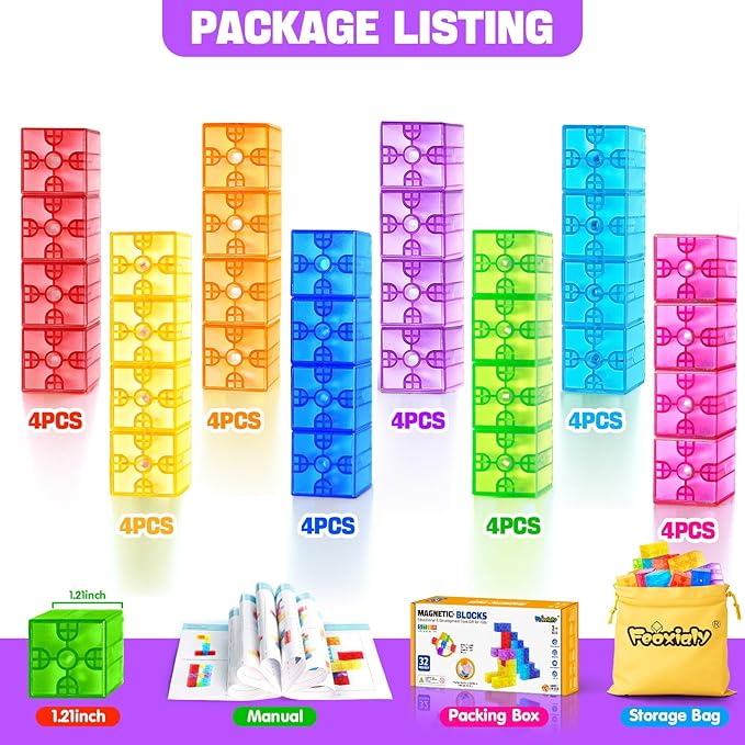 Magnetic Blocks - 32pcs Translucent Magnetic Building Blocks for Toddlers 1-3, STEM Rainbow Magnetic Cubes for Kids Ages 2-4, Magnet Toys for Kids 3-5, Christmas Birthday Gifts for Girls & Boys