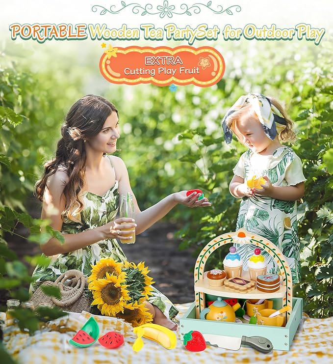 Wooden Tea Set for Toddlers Girls, Tea Party Set Food Pretend Play Kitchen Playset for 3 4 5 6 Years Little Girls, Jeowoqao Portable Princess Tea Party Toys Gifts with Cutting Fruit