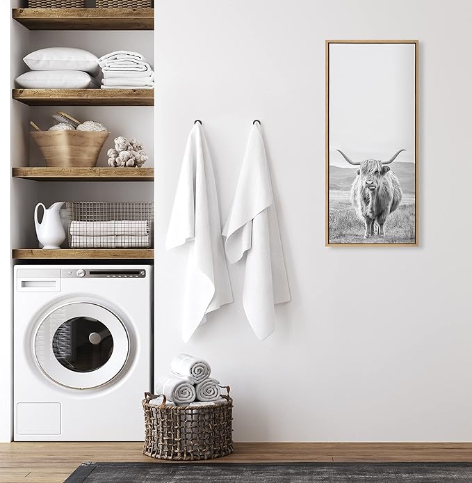 Kate and Laurel Sylvie Highland Cow Mountain Landscape Vertical BW Framed Canvas Wall Art by The Creative Bunch Studio, 18x40 Natural, Decorative Farmhouse Art for Wall