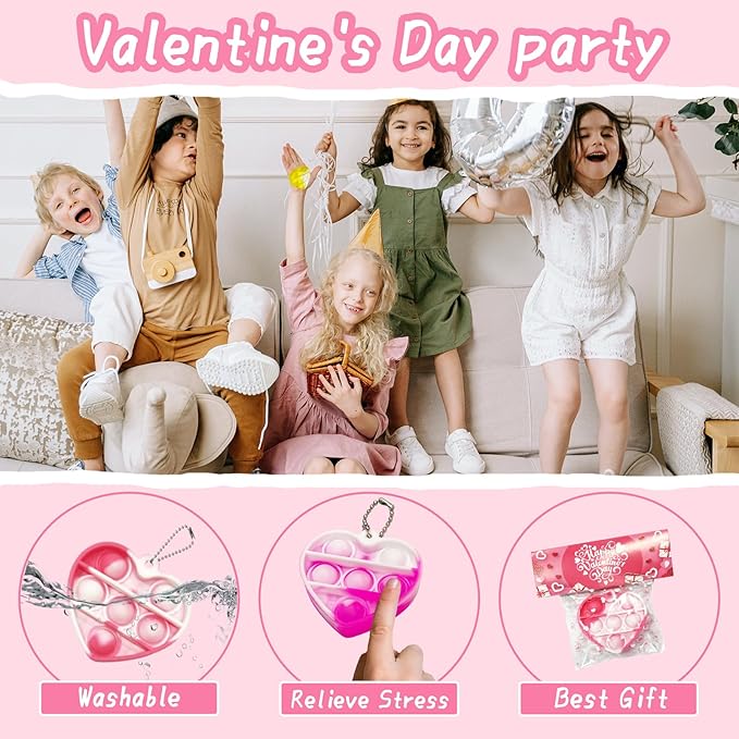 24 Packs Valentines Day Cards for Kids, Heart Pop Valentines Fidget Toys Bulk Stress Relief Fidget Toys for Kids Valentine's Party Favors School Classroom Exchange Gifts,Valentine's Day Gift