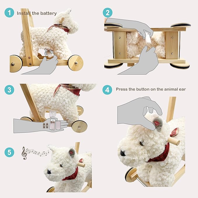 Rock My Baby Wooden Baby Walker, Baby Push Walker with Wheels for 12M+, Toddler Learning to Walk Toy with Sweet Music & Animal Seat 2 in 1 Sit-to-Stand Walker Toy Gift for Boy Girl (Scottie Dog)