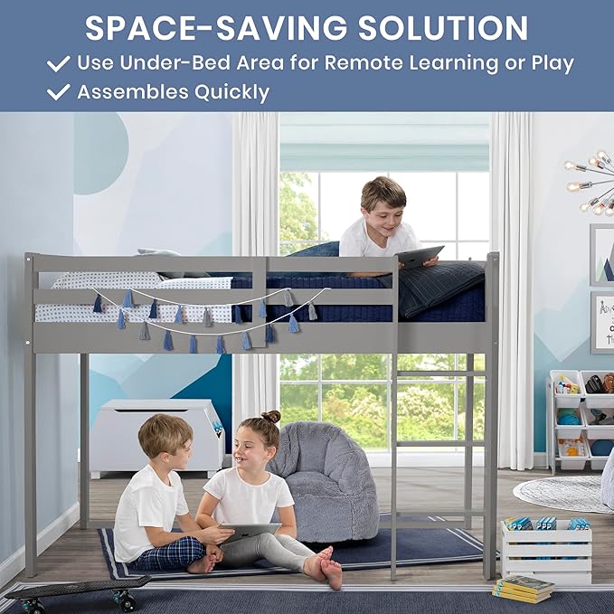 Delta Children Twin Loft Bed with Guardrail and Ladder (Coordinates with Batman, Spider-Man & Harry Potter Tents Sold Separately), Grey