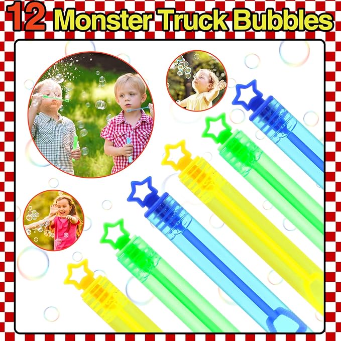 110 PCS Monster Truck Party Favors Birthday Supplies with Drinking Straws, Silicone Bracelets, Bubble Wands, Keychains, and Monster Truck Pinata for Boys Goodie Bag Stuffers