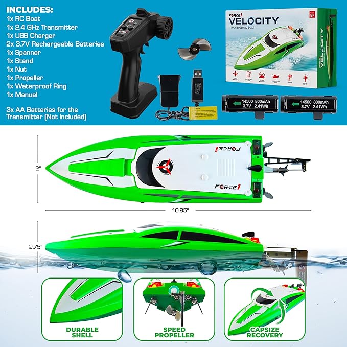 Force1 Velocity Green Fast RC Boat- Remote Control Boats for Adults and Kids, Underwater Speed Racing Mini RC Toy for Pools and Lakes, 2.4GHZ Transmitter, 2 Rechargeable Batteries, Low Battery Alert