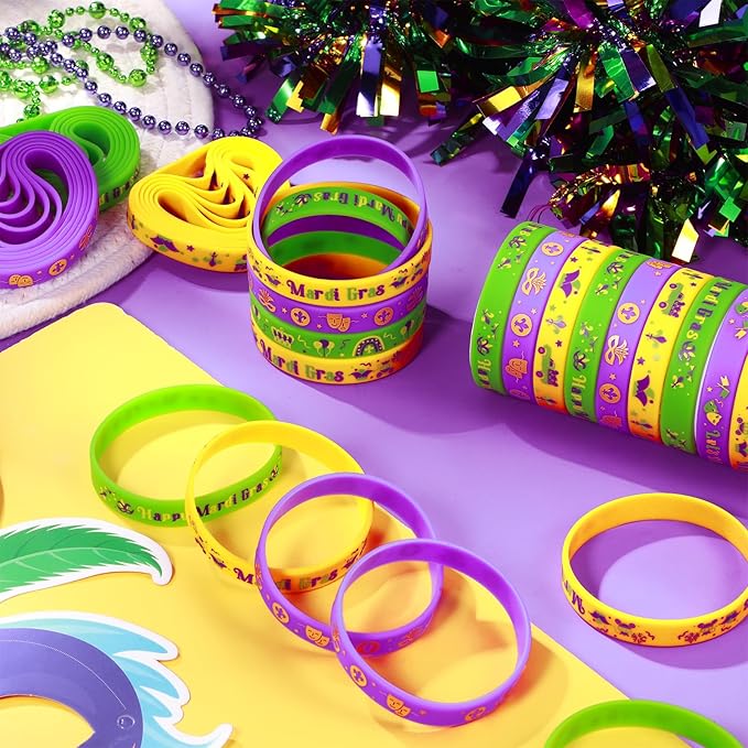 Wettarn 100 Pcs Mardi Gras Silicone Bracelets Mardi Gras Rubber Bracelets Mardi Gras Carnival Bracelet Set Mardi Gras Party Favors for Goodie Bag Favor Stuffers Birthday Party Favors Supplies