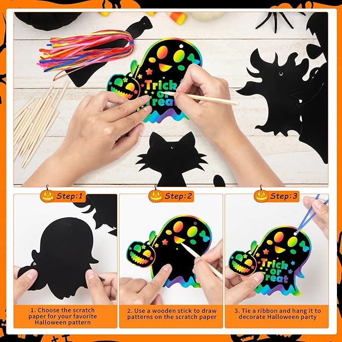 Halloween Scratch Paper Art Set - 48 Pcs Halloween Magic Rainbow Scratch Off Cards for Kids, Pumpkin, Ghost, Witch Hanging Ornaments for Halloween Party Favors Activities(12 Styles)
